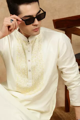 Off white cotton embroidered kurta for men