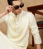 Off white cotton embroidered kurta for men