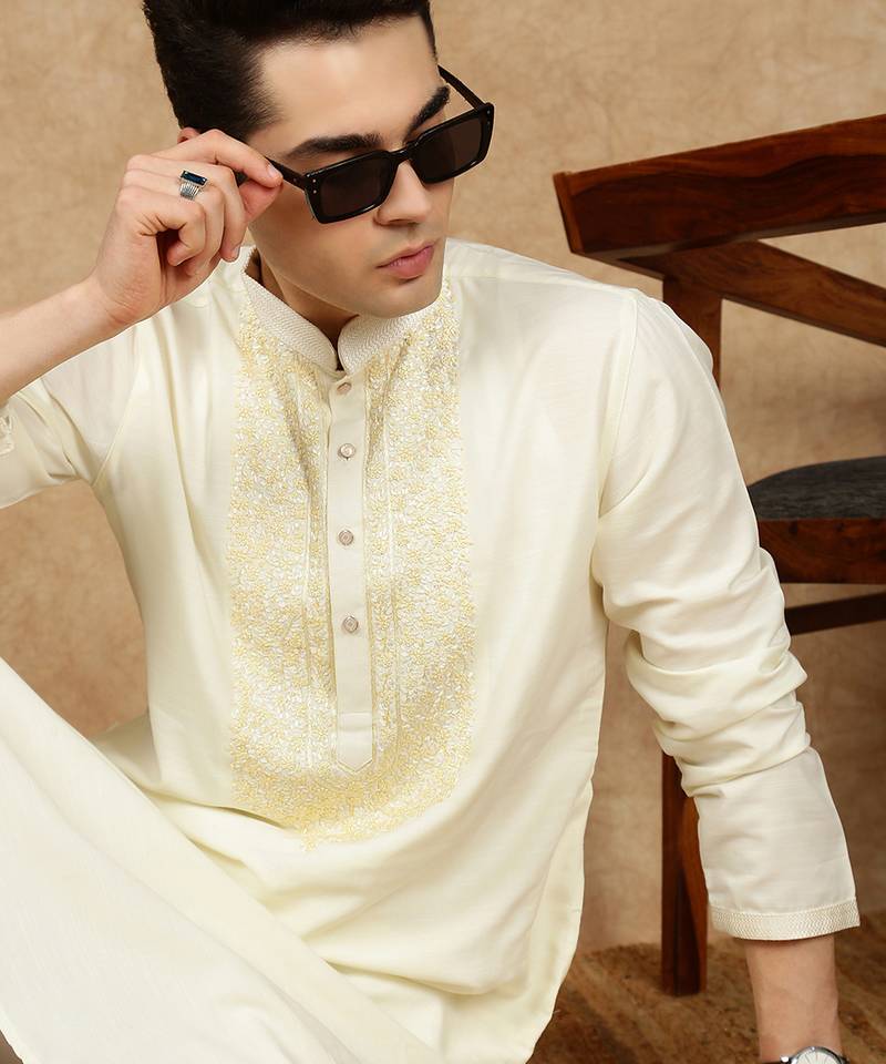 Off white cotton embroidered kurta for men