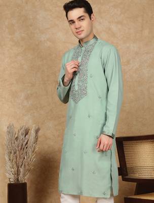 Green cotton floral kurta for men 3