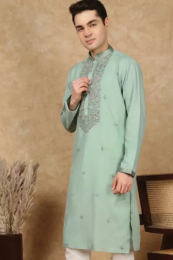 Green cotton floral kurta for men