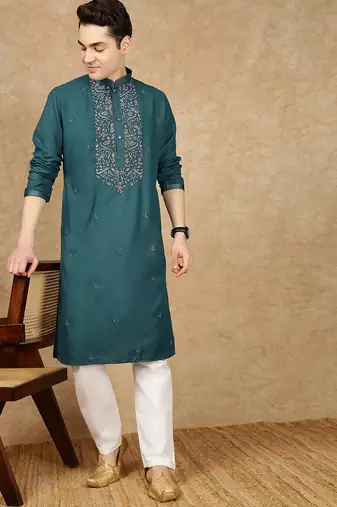 Sea green cotton printed kurta for men