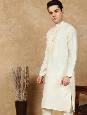 Off white cotton embroidered kurta for men 2