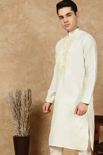 Off white cotton embroidered kurta for men