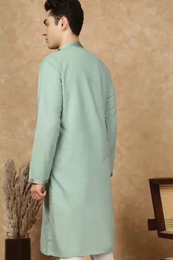 Green cotton floral kurta for men