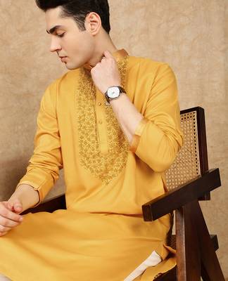 Mustard cotton embroidered kurta for men 1