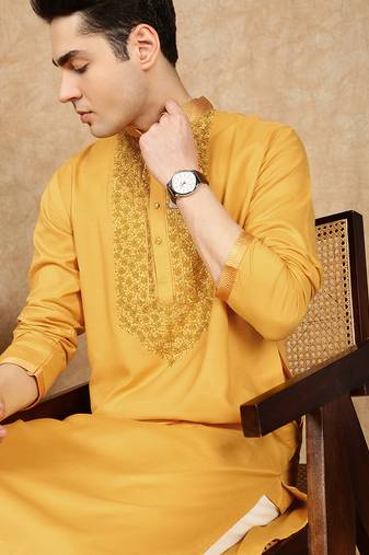 Mustard cotton embroidered kurta for men