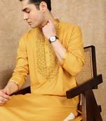 Mustard cotton embroidered kurta for men