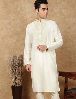 Off white cotton embroidered kurta for men 3