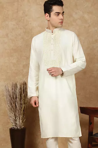 Off white cotton embroidered kurta for men