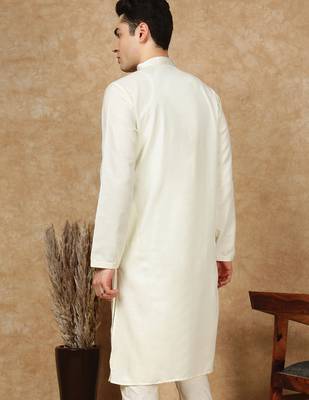 Off white cotton embroidered kurta for men 4