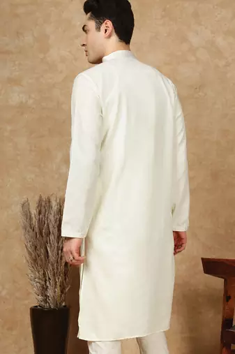 Off white cotton embroidered kurta for men