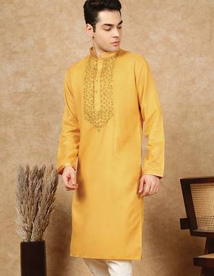 Mustard cotton embroidered kurta for men 2