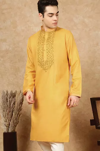 Mustard cotton embroidered kurta for men