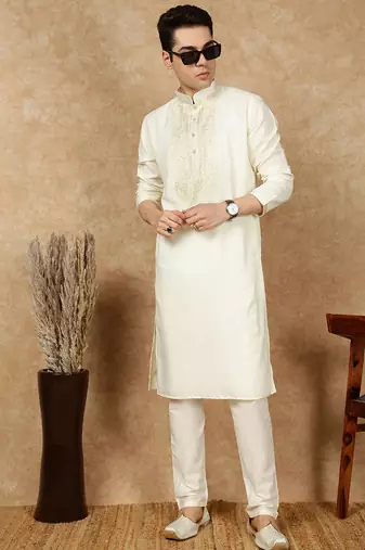 Off white cotton embroidered kurta for men
