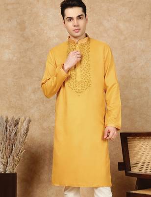 Mustard cotton embroidered kurta for men 3