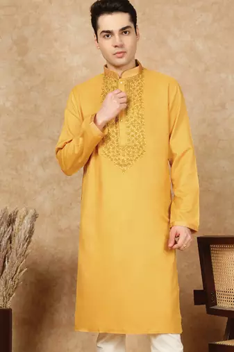 Mustard cotton embroidered kurta for men