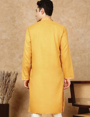 Mustard cotton embroidered kurta for men 4