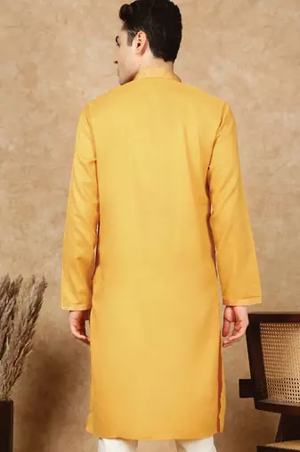 Mustard cotton embroidered kurta for men