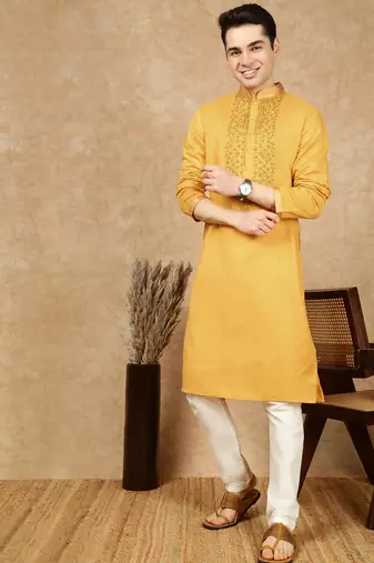 Mustard cotton embroidered kurta for men