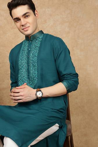Sea green cotton embroidered kurta for men