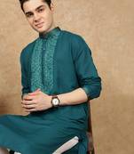 Sea green cotton embroidered kurta for men