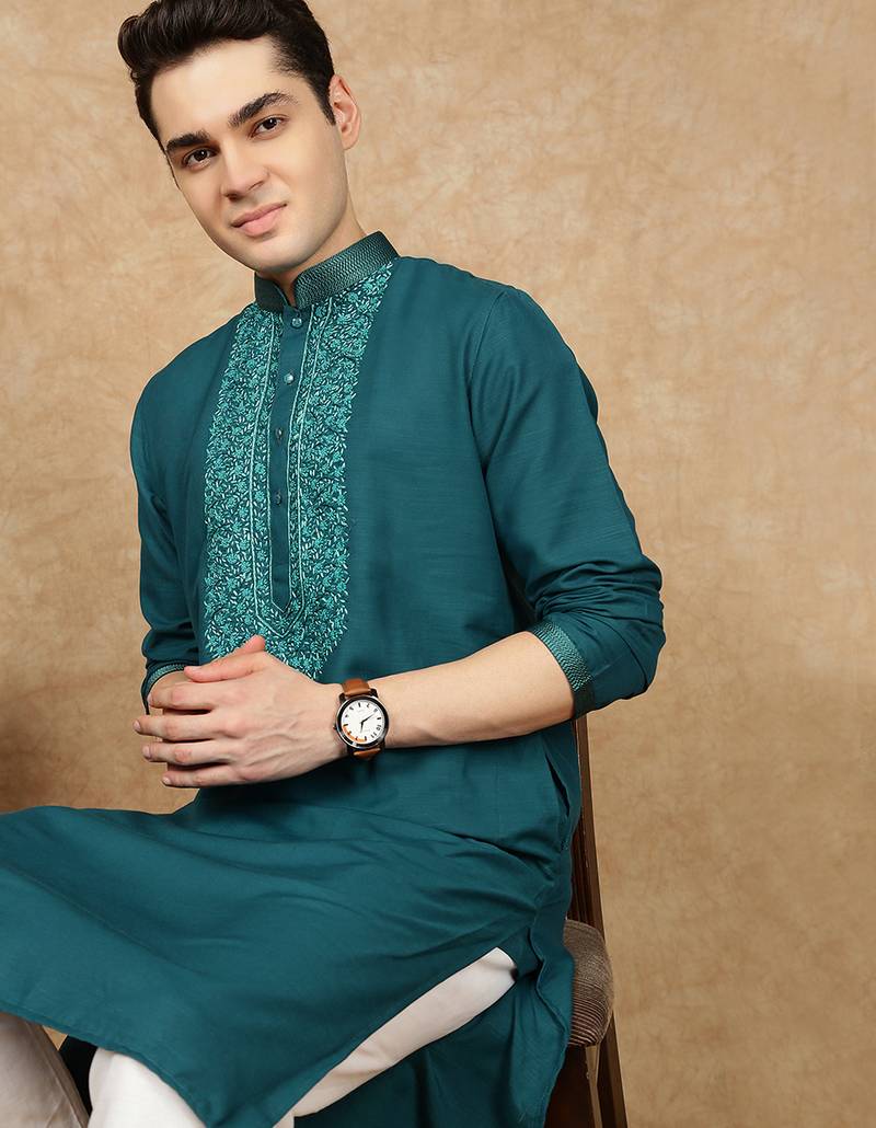Sea green cotton embroidered kurta for men