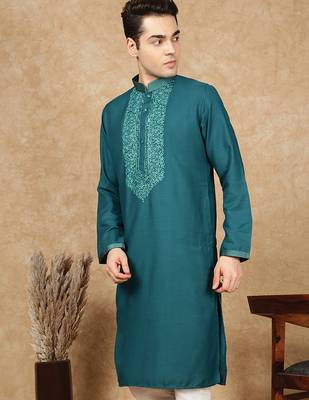 Sea green cotton embroidered kurta for men 2