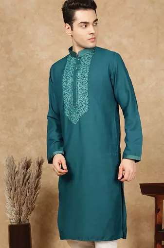 Sea green cotton embroidered kurta for men