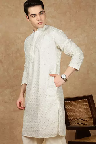 Off white cotton embroidered kurta for men