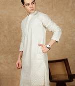 Off white cotton embroidered kurta for men