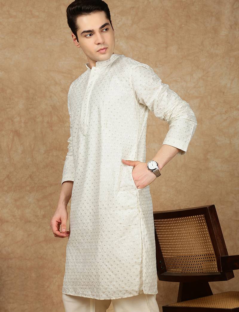 Off white cotton embroidered kurta for men