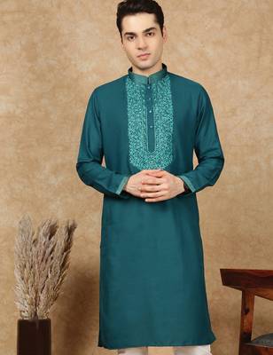Sea green cotton embroidered kurta for men 3