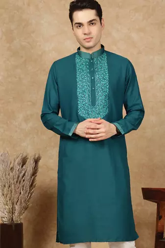 Sea green cotton embroidered kurta for men
