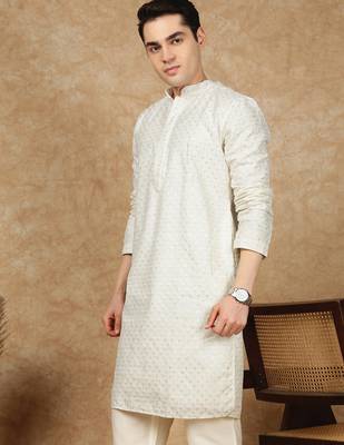 Off white cotton embroidered kurta for men 2