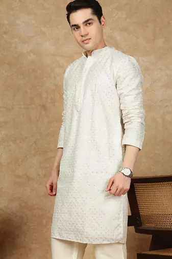 Off white cotton embroidered kurta for men