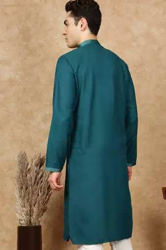 Sea green cotton embroidered kurta for men