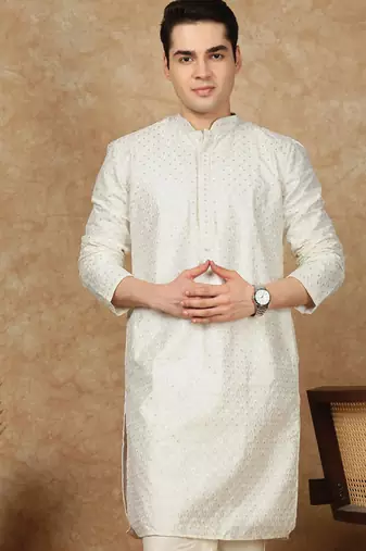 Off white cotton embroidered kurta for men