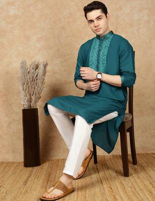 Sea green cotton embroidered kurta for men 5