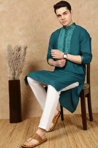 Sea green cotton embroidered kurta for men
