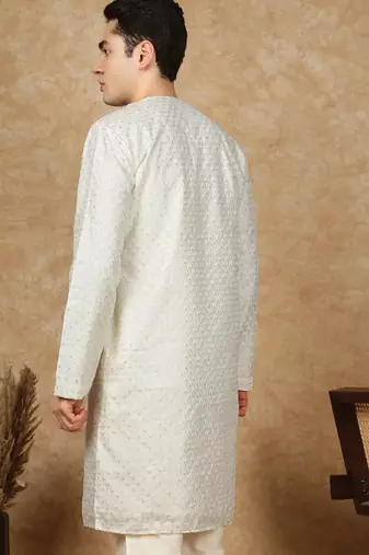 Off white cotton embroidered kurta for men