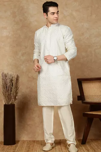 Off white cotton embroidered kurta for men