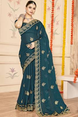 teal blue zari embroidered sequin work moss silk party wear saree 1