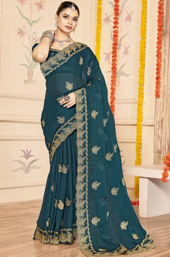 teal blue zari embroidered sequin work moss silk party wear saree