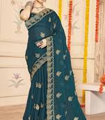 teal blue zari embroidered sequin work moss silk party wear saree