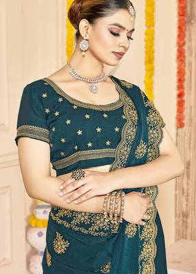 teal blue zari embroidered sequin work moss silk party wear saree 2