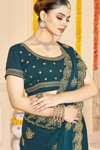 teal blue zari embroidered sequin work moss silk party wear saree