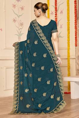 teal blue zari embroidered sequin work moss silk party wear saree 3