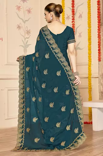 teal blue zari embroidered sequin work moss silk party wear saree