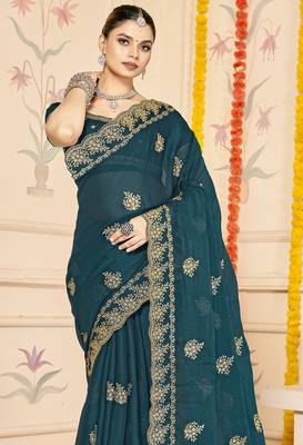 teal blue zari embroidered sequin work moss silk party wear saree 4